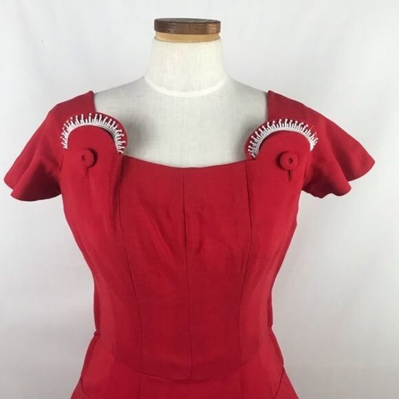 Vintage Handmade Red Pinup Tiered Ruffled Party Dress Beaded Accents Sz Medium - Picture 4 of 6